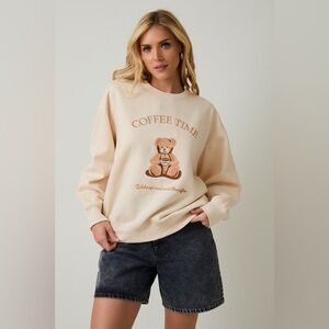 Coffee Time Teddy Bear Embroidered Crewneck Sweatshirt - Sunday Edition